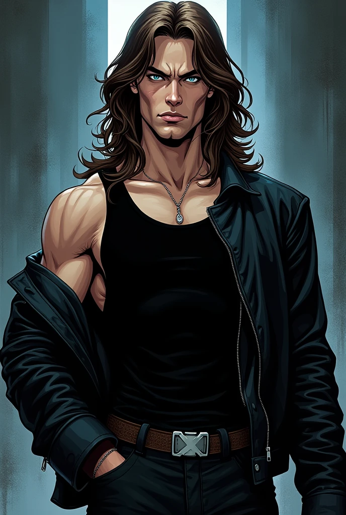 A man With long (long to the waist) brown hair, blue eyes, fair skin, Without being muscular, a black tank top and black leather jacket. Drawing in the Marvel comic book style.