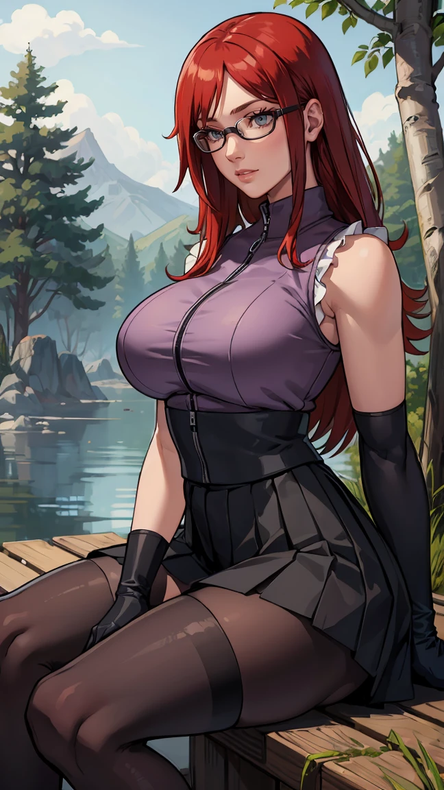 (masterpiece:1.2, best quality:1.2, beautiful, high quality, highres:1.1), detailed, extremely detailed 4K, perfect eyes, perfect face, perfect lighting, (1girl, solo, adult female, mature female), thin, lithe body,
karin, long red hair, red eyes, glasses, (big breasts), sitting
(Pale violet sleeveless shirt), black straight skirt, bike shorts under skirt, black stockings, combat gloves,
(outside, trees, japanese village background:1.2), closed clothes, closed zipper shirt, ((((sensual seductive, busty))))