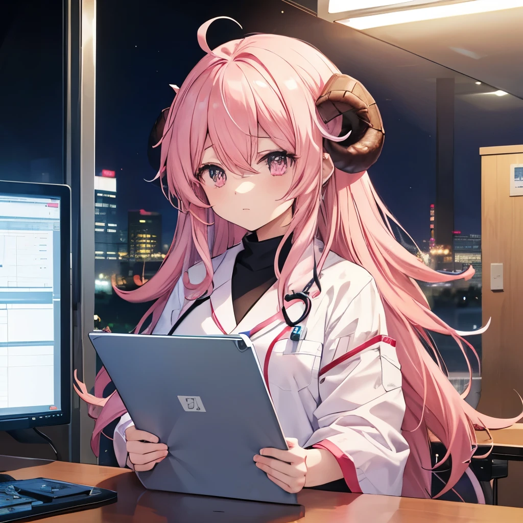 An anime-style illustration of ‘Fua-chan’ working a night shift. Fua-chan has distinctive features: long pink hair styled in soft curls resembling sheep’s horns, and pink eyes. She is depicted wearing a white doctor’s coat over her scrubs, with a stethoscope around her neck, as she works late into the night. Her expression is focused and determined, but there are hints of fatigue in her eyes. The background shows a dimly lit hospital or clinic, with medical charts, equipment, and a quiet, almost serene atmosphere, emphasizing the dedication and effort she puts into her night shift.