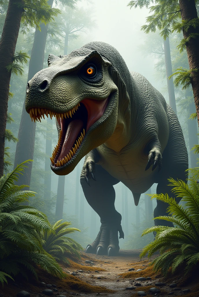 rex dinosaur, with a challenging look, attack position, located in prehistory, full of vegetation
