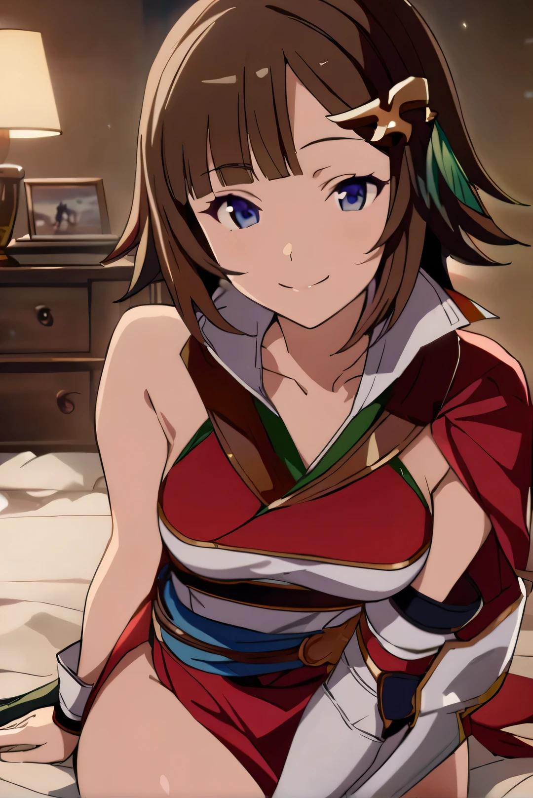 1girl, solo, leona \(granblue fantasy\), bedroom, looking at viewer, smile, full_shot, sirld, anime screencap, masterpiece, best quality,