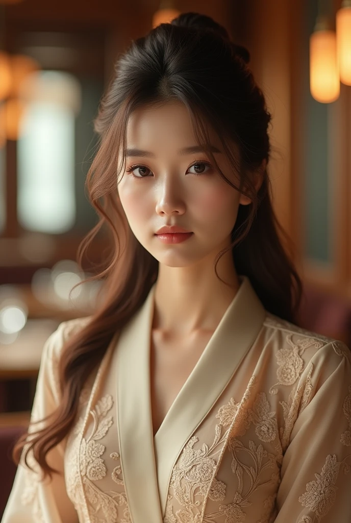Create a Korean woman with long brown hair wearing a fine and elegant outfit in a refined restaurant with gold details