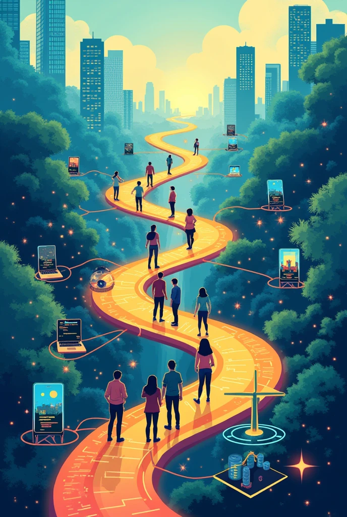 a poster interconnected network of digital small pathways leading to a innovative future. Include symbols of technology (e.g., smartphones, laptops, coding), sustainability (e.g., trees, clean energy), and youth (e.g., diverse group of young people). the background should consist of buildings at the upper part then slowly fading into trees in the lower part.