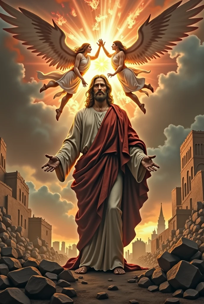 realistic jesus with apocalyptic background, demons and angels fighting in the heavens.  