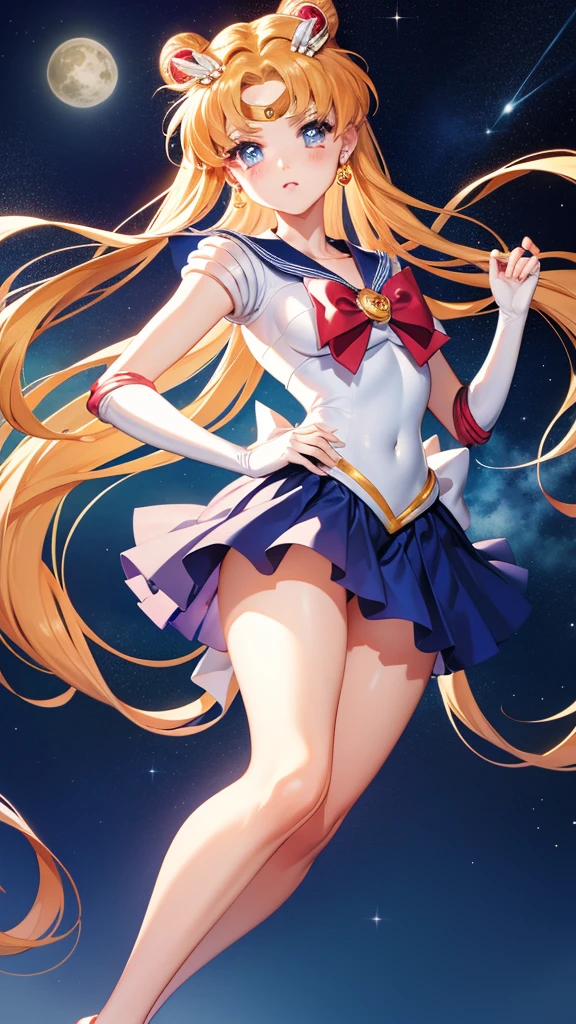 Stable divergence style, Create captivating and fascinating artwork "Sailor Moon", Iconic characters appear in dynamic poses. Highlight your unique hairstyle, Bright costumes, And expressive eyes. Surround with a celestial background, capturing the magical essence of the Sailor Moon universe.
