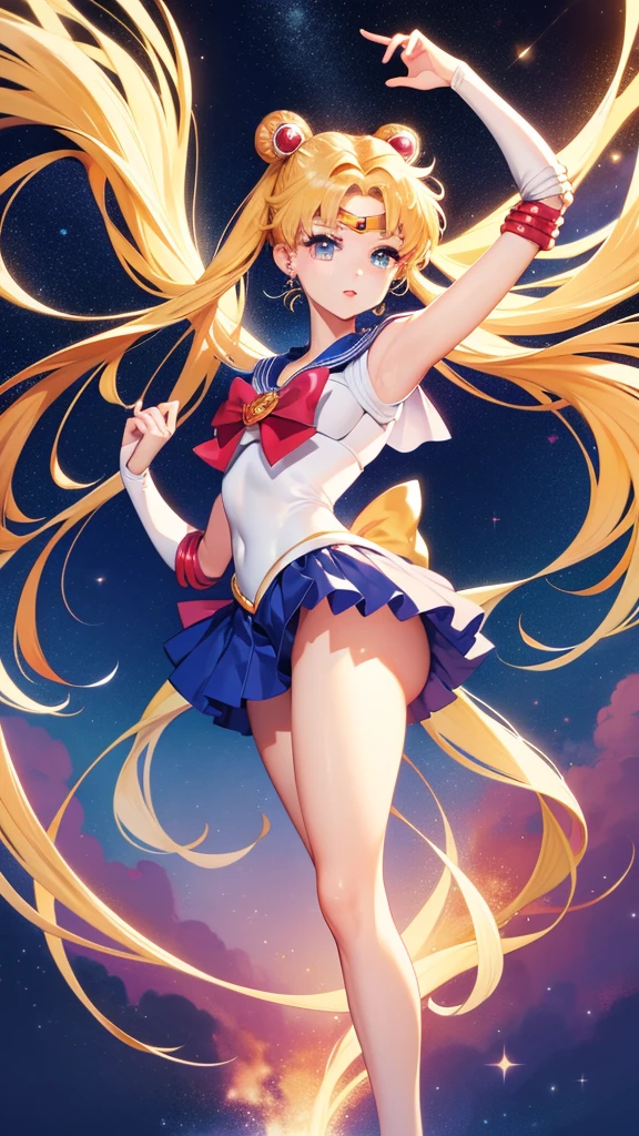 Stable divergence style, Create captivating and fascinating artwork "Sailor Moon", Iconic characters appear in dynamic poses. Highlight your unique hairstyle, Bright costumes, And expressive eyes. Surround with a celestial background, capturing the magical essence of the Sailor Moon universe.
