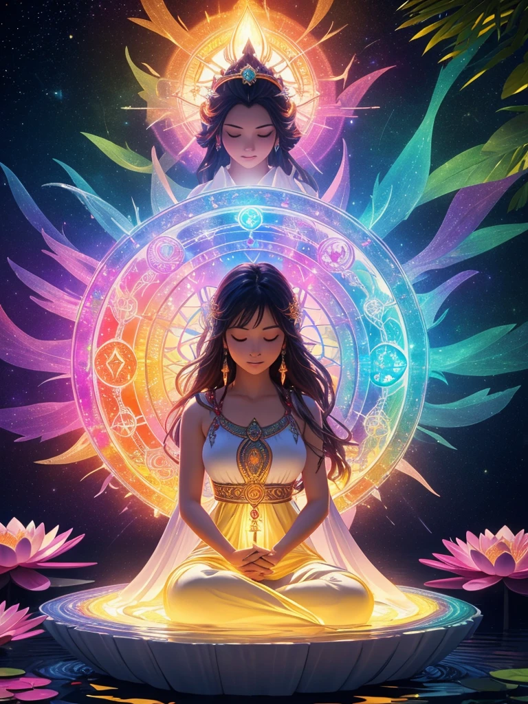 Colorful glow, Spectrum of light surrounding yoga postures and the seven chakras, Vibrant colors、An explosion of colors, Beautiful woman in white clothes sitting on a water lily, Complicated stuff, The background is complicated, spiritual, god聖な, dream-like, Cosmic, Shocking, god, pineal gland, dream-like, (Highly detailed CG Unity 16k wallpaper:1.1), (Noise reduction strength: 1.45), (masterpiece:1.37), Ultra-realistic, god rays, Ray Tracing, Ultra-high resolution, Awards