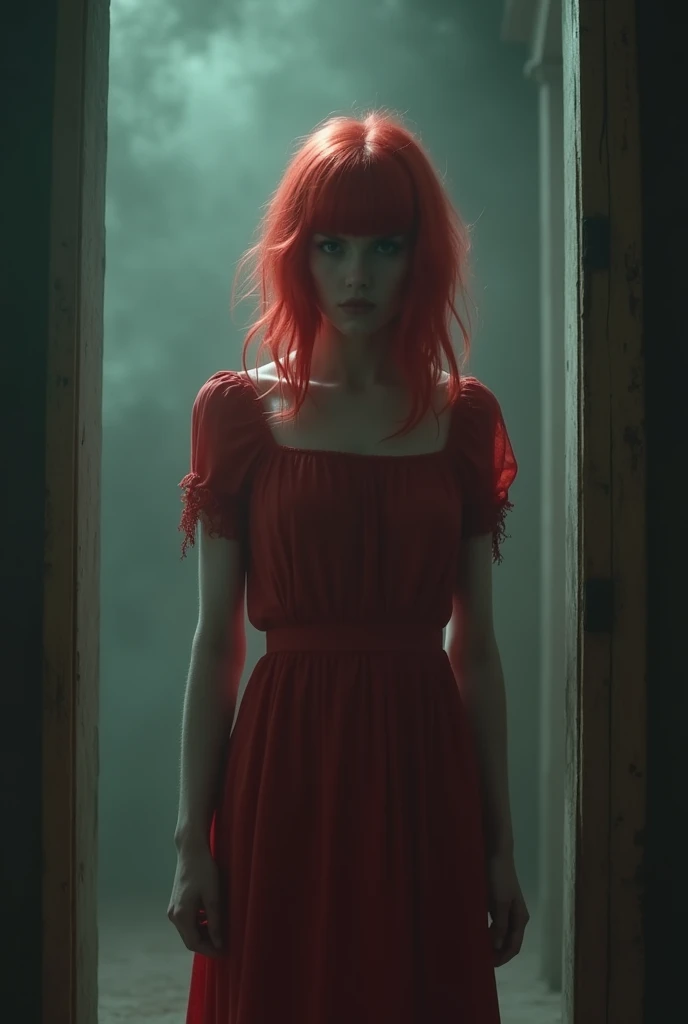 a ghost girl with 18, red hair cerquillo, in the 1980 and she has a old rubor color dress