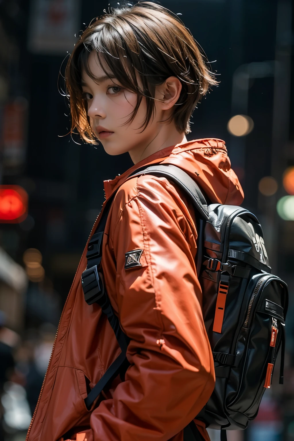 (front view:1.4), close-up portrait, (1boy:1.5), 20 year old, solo, black and red spacesuit, bangs, brown(short hair:1.2), bag, blurry_background, purple neon light, backpack, zipper, urban techwear, outfit,