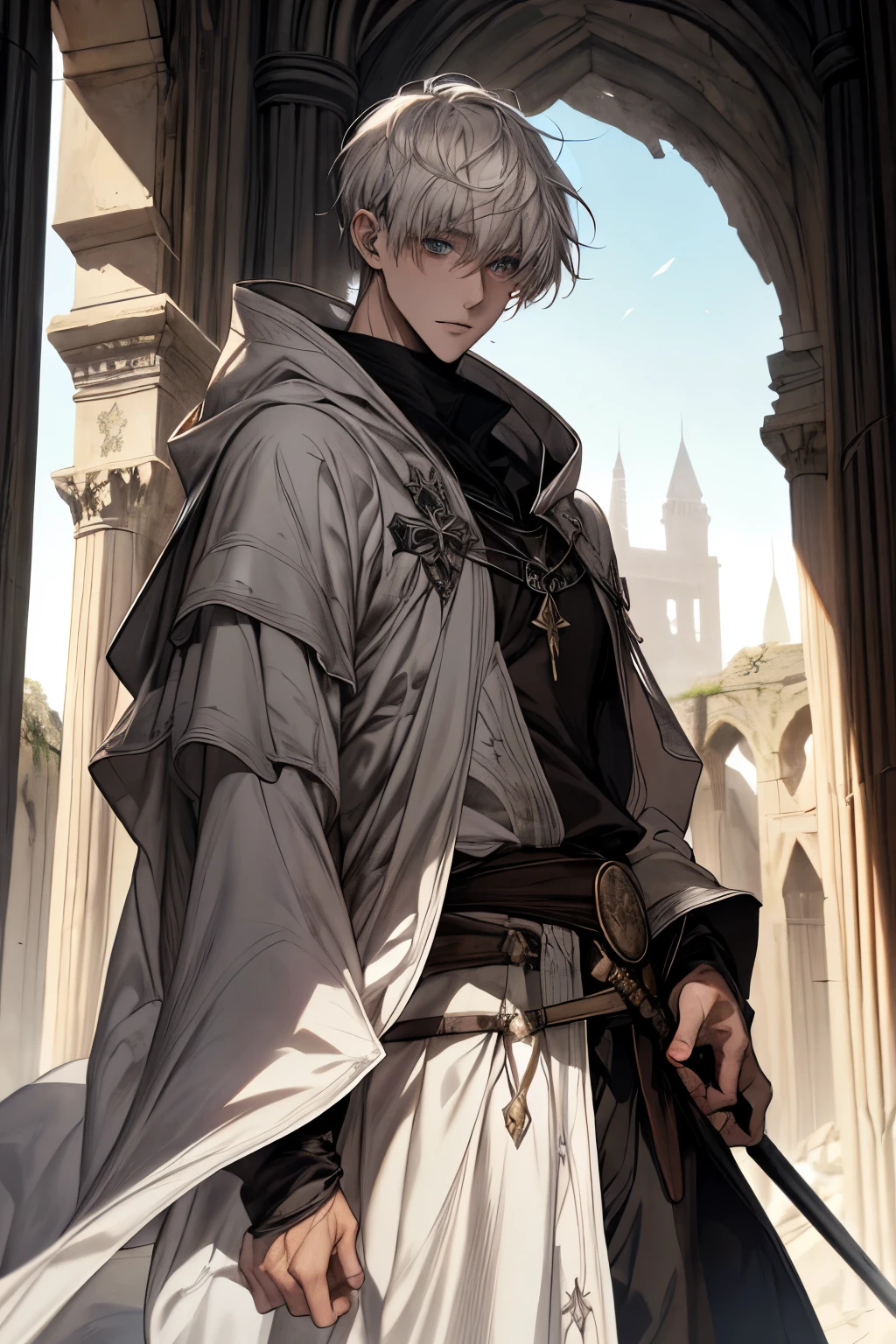 male, white short hair with bangs, two colours eyes, adult face, adult, white hood and shroud, handsome, medieval fantasy, ruins, sorcerer
