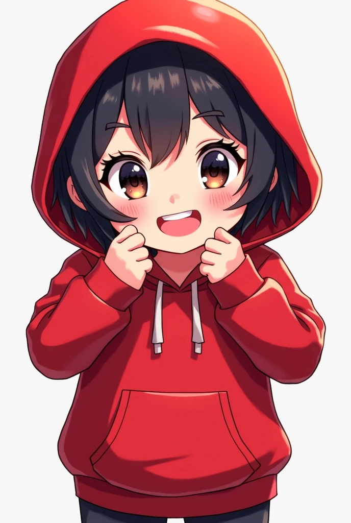 Create a high-resolution emote featuring a young person shown from the waist up, wearing a red hoodie. The character should have a friendly and expressive face, with a slight smile or smirk, and be in a slightly exaggerated, cartoonish style suitable for an emote. The colors should be bold and vibrant, with the red hoodie being the focal point. The emote should have a clean and polished look, optimized for small sizes while maintaining detail, making it perfect for use on the streaming platform Kick."Anime version, salute, hood on head