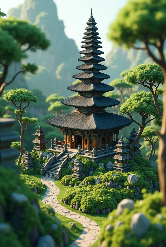 (Isometric 3D),(masterpiece), (Extremely detailed CG unity 8k wallpaper), (best quality), (Best Illustration), (Best shadow),, Lovely , Balinese temples, Moss covered round radish house, ,Octane Rendering,Ray Tracing,Extremely detailed