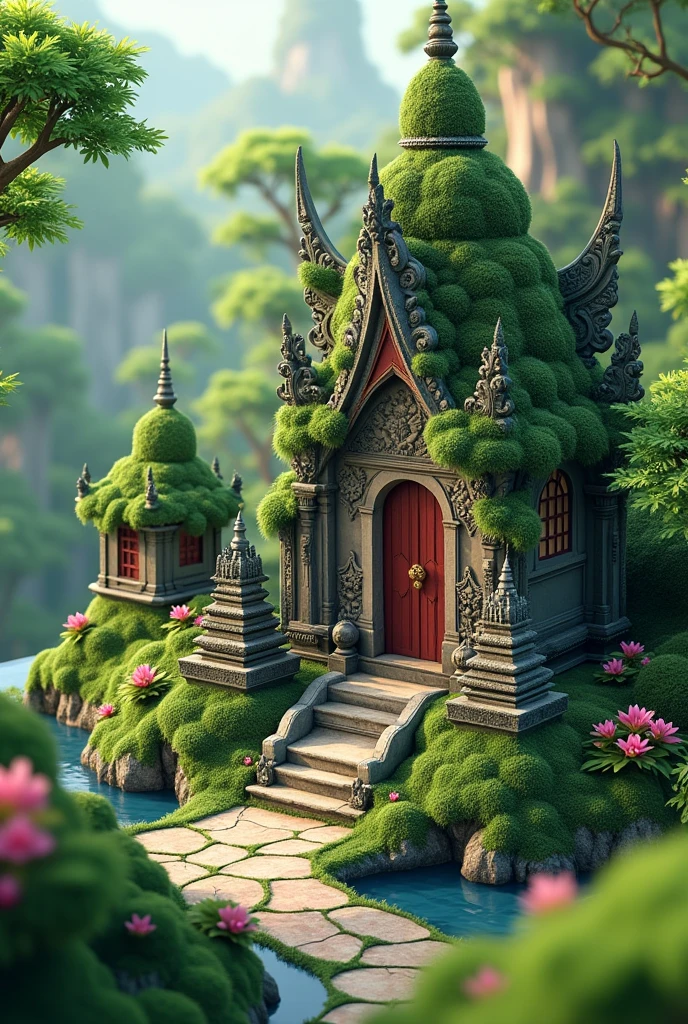 (Isometric 3D),(masterpiece), (Extremely detailed CG unity 8k wallpaper), (best quality), (Best Illustration), (Best shadow),, Lovely , Balinese temples, Moss covered round radish house, ,Octane Rendering,Ray Tracing,Extremely detailed