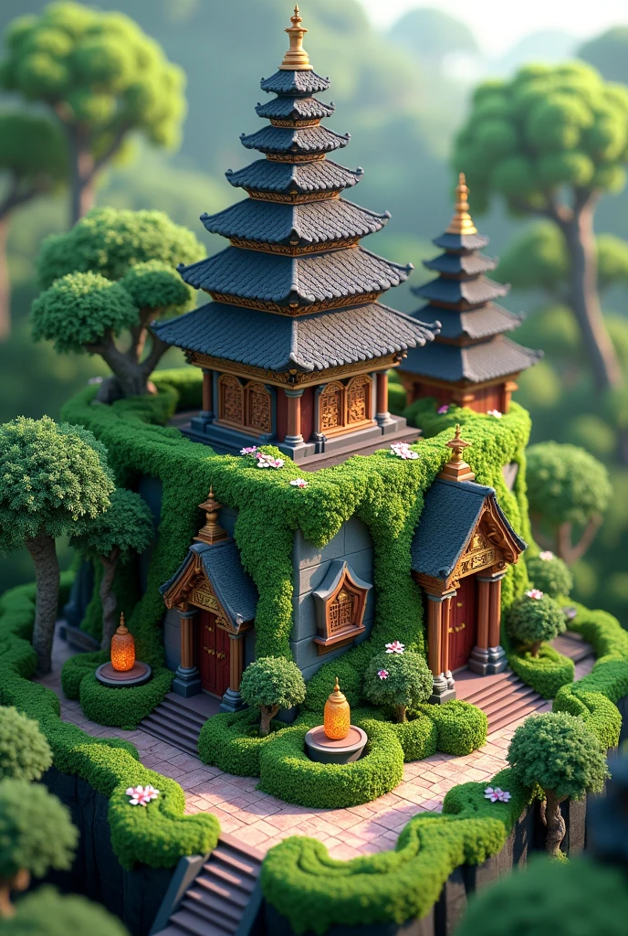 (Isometric 3D),(masterpiece), (Extremely detailed CG unity 8k wallpaper), (best quality), (Best Illustration), (Best shadow),, Lovely , Balinese temples, Moss covered round radish house, ,Octane Rendering,Ray Tracing,Extremely detailed
