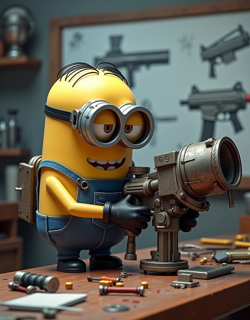 Minion Kevin is working hard at a lab table full of scientific tools and accessories.. The whiteboard behind has weapon design sketches.. Kevin is highly focused., hands move quickly, weld and assemble components to build a large weapon, complicated.