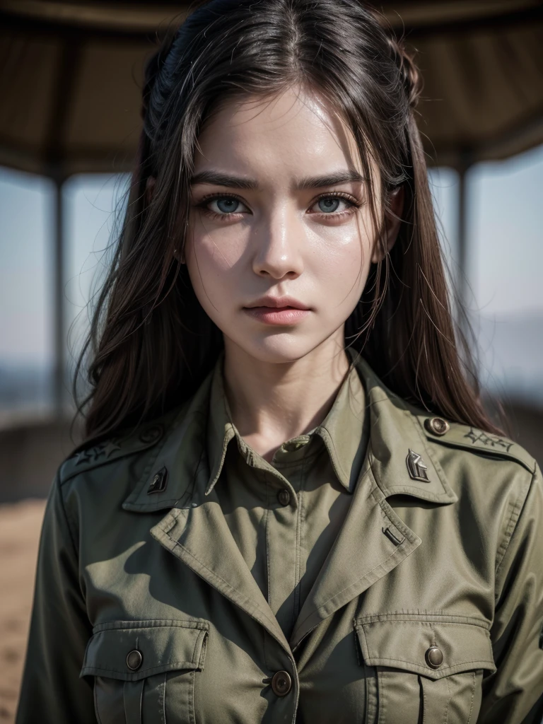 Highest quality, (dramatic lighting: 0.7), masterpiece, high angle shot, RAW photo (, pale 13-year-oldp at viewer), cute, (in tattered battle suit, disheveled, messy long hair) (Dirty: 0.8), (Gore: 0.7), Accent Lighting, (Backlight: 0.5), Perspective, Canon 5D, 50mm Lens, F/4 Aperture, (Super Detail, Intricate Detail), Sharp Focus, Soft Colors, 8k, ludicrous, 8mm film grain, war photography --auto --s2