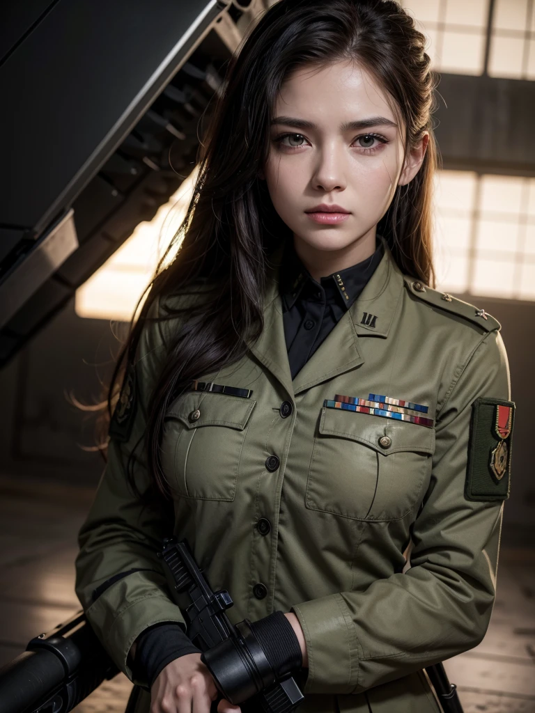 ((Best Quality, 8K, Masterpiece: 1.3)), 1 girl, smile, full body, slim face, pretty woman, (dark brown hair), military uniform: 1.1, super detailed face, detailed eyes, double eyelids, tank, blurred background, slim face, battlefield background, particles, full body,