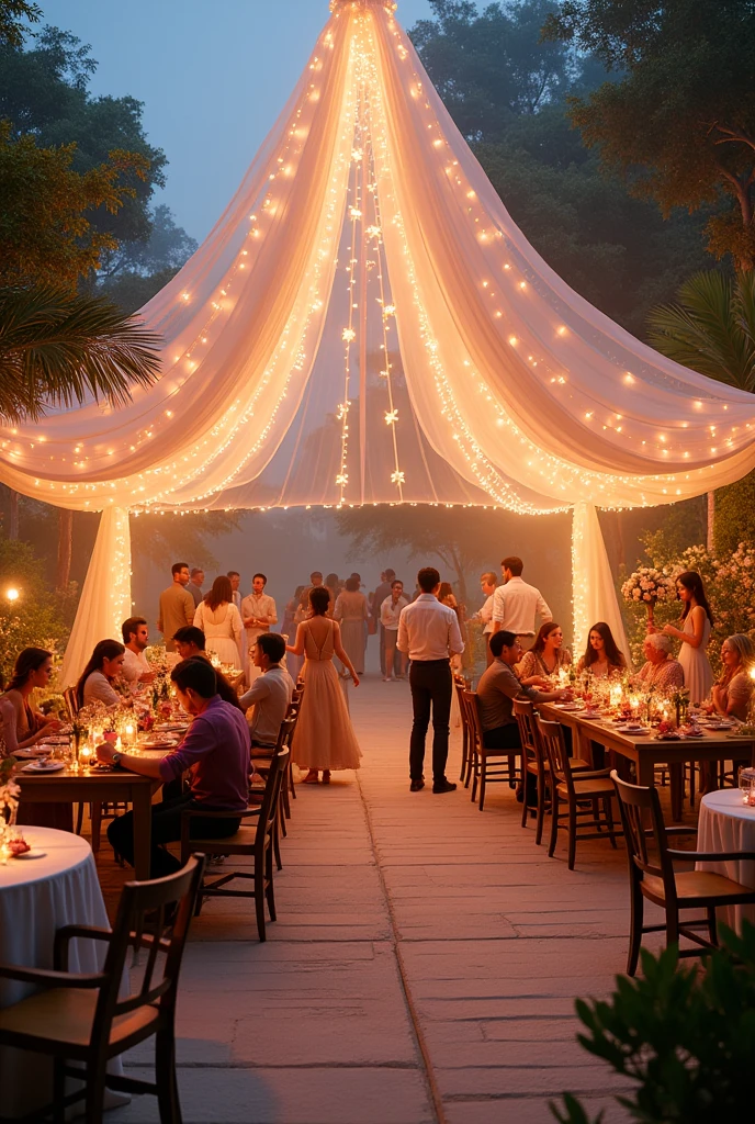 Create a party space with a huge voile gazebo with lights and flowers. Chairs and tables scattered around, a large table of barbecue food and another table with sweets