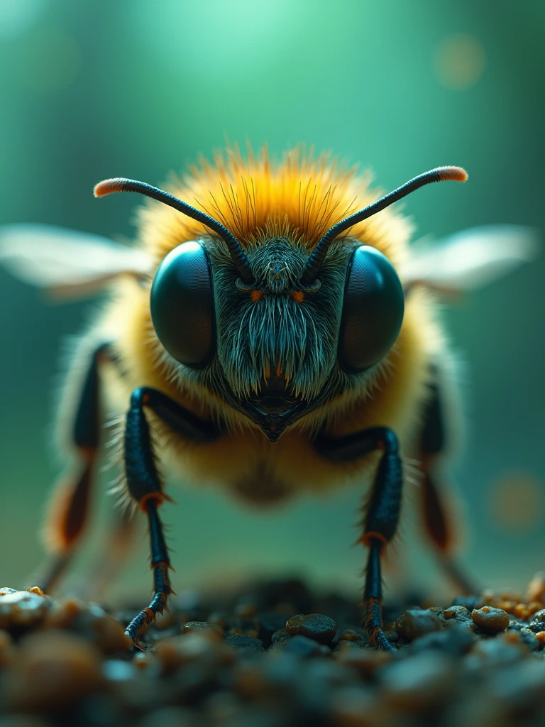 cute scary bee with giant eyes , full body ultra-realistic, cinematic lights, details, blurred elements around, green and blue gradient colors, 8k
