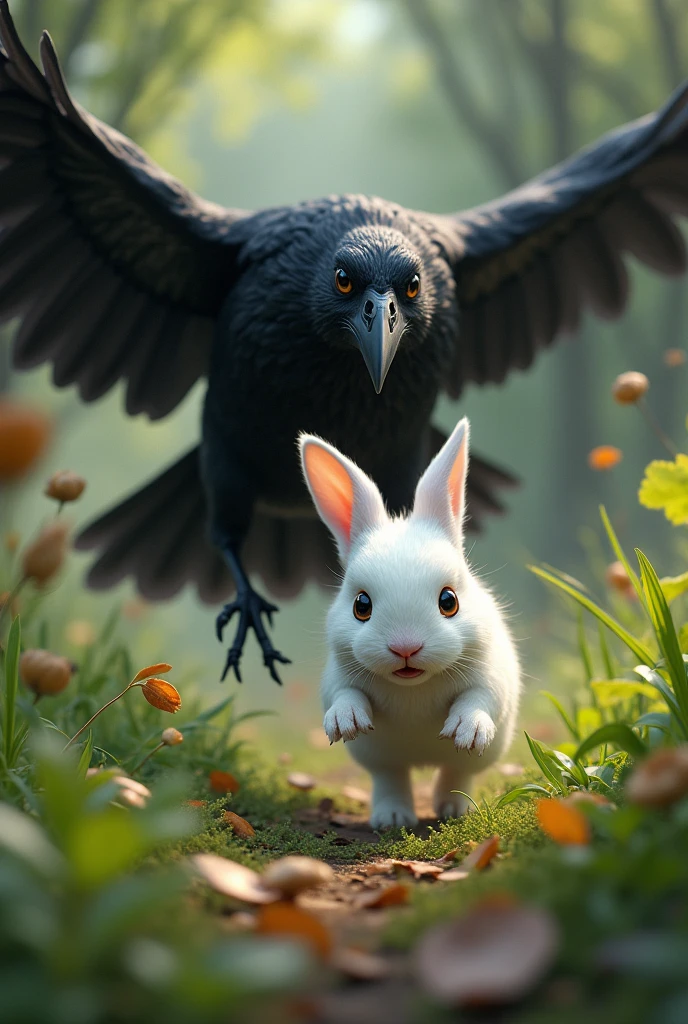 a white rabbit running away from a black crow to save this life.