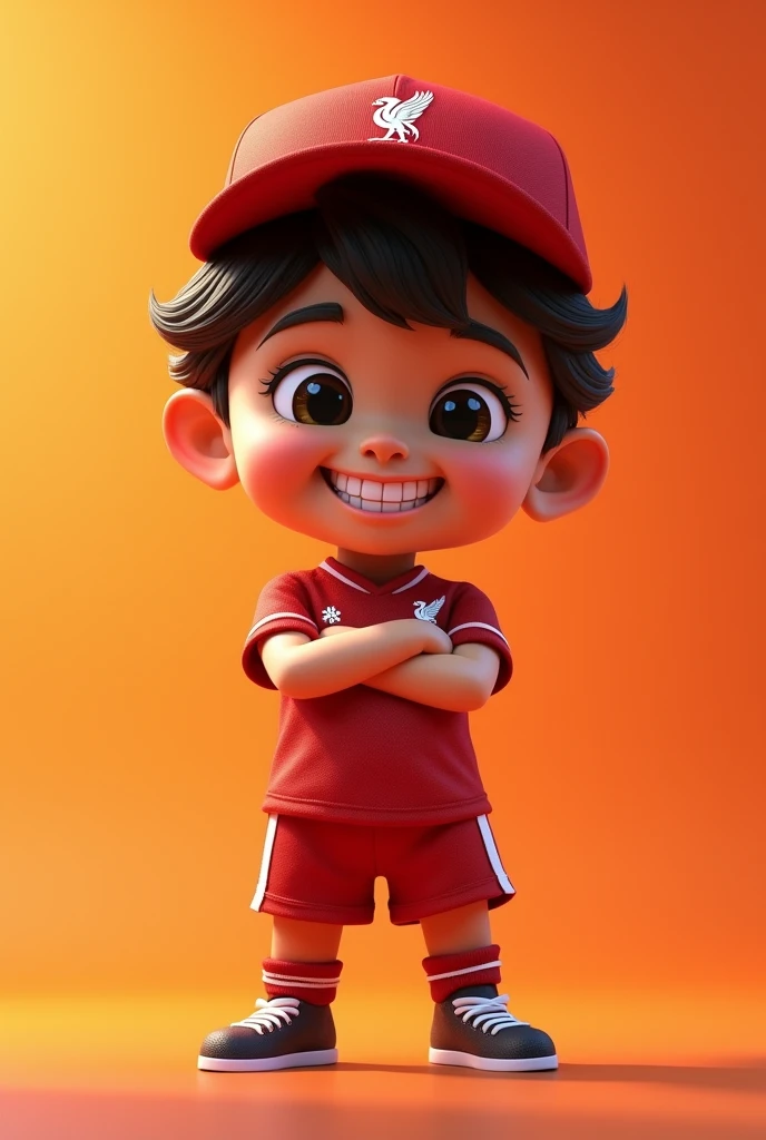 A cute manga cartoon character, small child, smiling wide with teeth showing, wearing a Liverpool cap, Liverpool shirt, standing with arms crossed, cold expression, detailed face, detailed clothing folds, dynamic pose, hyperrealistic, 8k, unreal engine, intricate details, warm lighting, vibrant colors