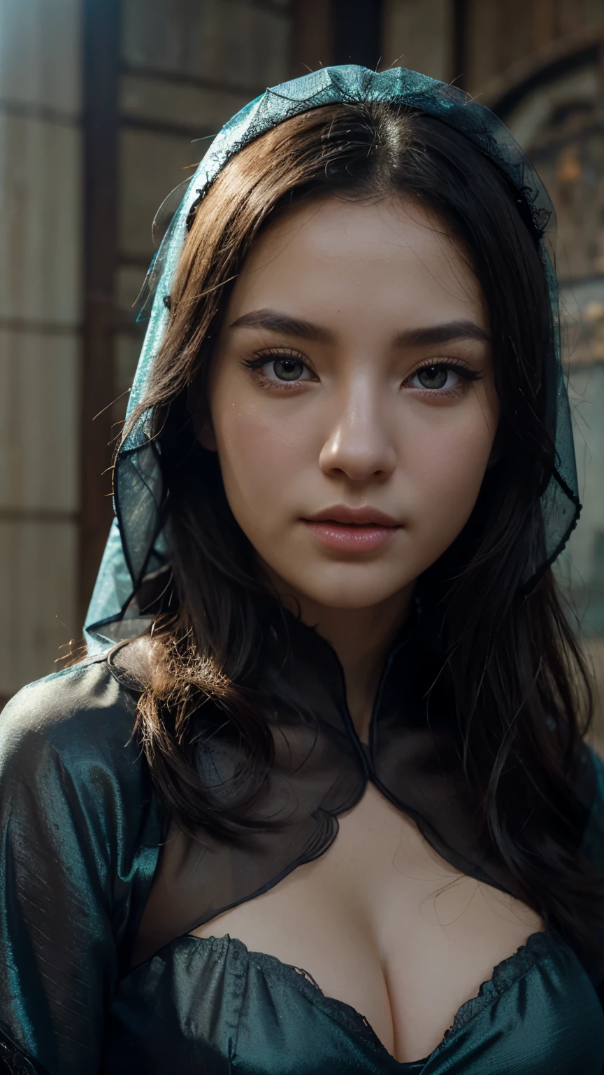 sakimichan style, wlop style, portrait, finely detailed face, beautiful woman, plump lips, opaque veil, medieval veil, headrail, 12th century, heterochromia eyes, iridescent eyes, medieval clothing, bliaut, lord of the rings gown, close to perfection, beautiful anime style, character panorama, clean and detailed face, glowing shadows, beautiful gradients, depth of field, clean Graphics, high quality, high detail, high definition, Luminous Studio graphics engine
