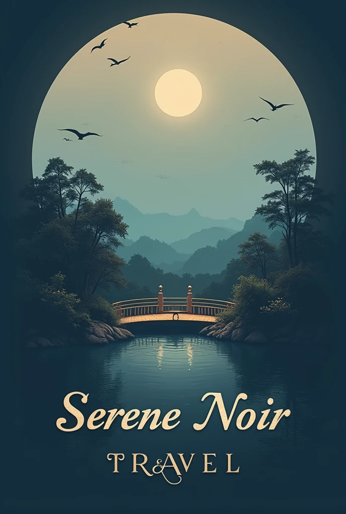 make me a logo of travel or tour that the company name is SERENE NOIR TRAVEL inspired by the Korean drama of HOTEL DE LUNA inspired only, don't change the name of SERENE NOIR TRAVEL and make it calm vibe and relaxing vacations vibe and the name of company is much better if it is at the back of the pictures