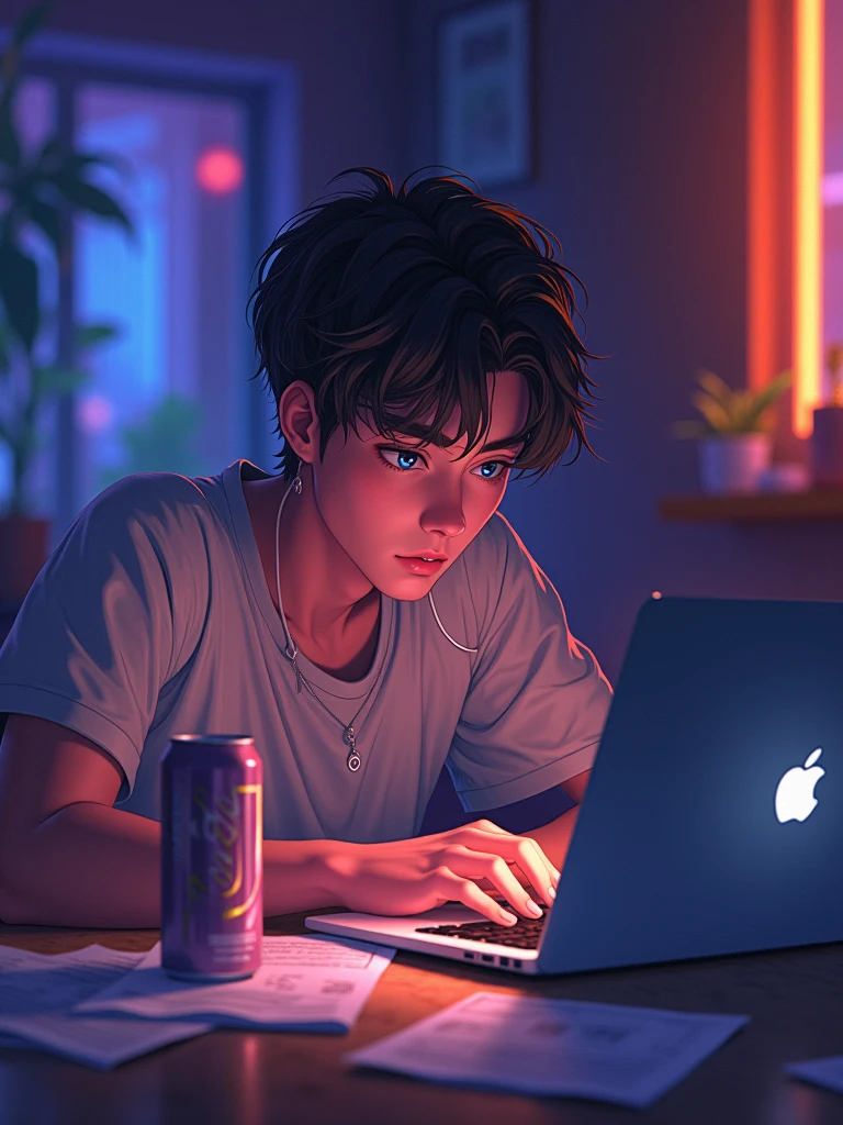 a vibran anime man , illuminated by the soft glow of his laptopscreen, sits comfortably in his cozy room, surrounded by scattered papers and empty energy drink cans, at 9:16 PM, with a charming, expressive face, defined eyebrows, and skriking blue eyes, amidst a warm, golden lighting that adds a sense of intimacy, with a 9:16 aspect ratio, evoking a cinematic feel, as the background blends into a soft, dark purple hue, with subtle hints of neon pink and green accents, conveying a sense of nocturnal productivity and modernity