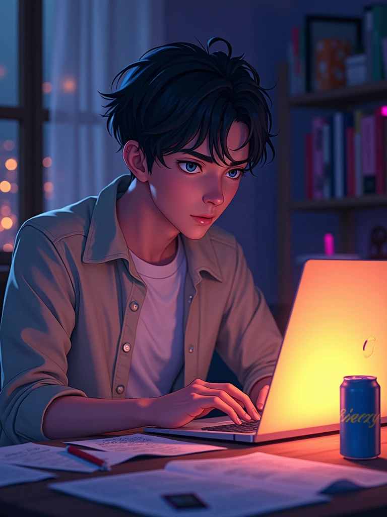 Anime cool gamer guy with stubble, dark hair wearing a grey t-shirt smoking cigarette in his room phone and tablet on the table