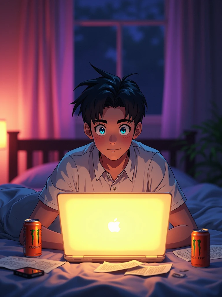 a vibran anime man , illuminated by the soft glow of his laptopscreen, sits comfortably in his cozy room, surrounded by scattered papers and empty energy drink cans, at 9:16 PM, with a charming, expressive face, defined eyebrows, and skriking blue eyes, amidst a warm, golden lighting that adds a sense of intimacy, with a 9:16 aspect ratio, evoking a cinematic feel, as the background blends into a soft, dark purple hue, with subtle hints of neon pink and green accents, conveying a sense of nocturnal productivity and modernity