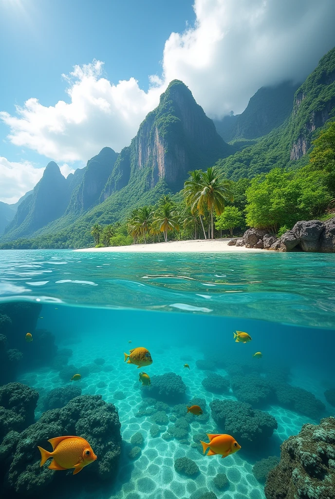 Create a background of a tropical island paradise with crystal clear water showing the fish below and several mountains