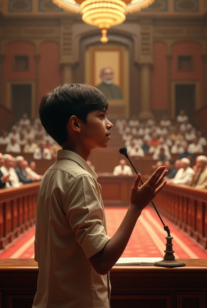 A young leader giving a speech in front of Narendra Modi Amit Shah Atal Bihari Vajpayee in Bharat Parliament