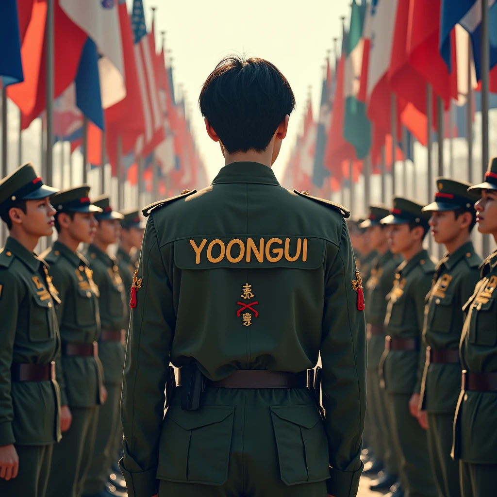 BTS's yoogui in the center , army clothes and with your name on the uniform, and with the symbol of Korea, with short black hair , the Army all forming a circle with Army bomb in hand and wearing purple clothes and with their flags, from different countries , please keep the features , do yoogui, an army soldier outfit , without the hat , quality image without losing the character's characteristics