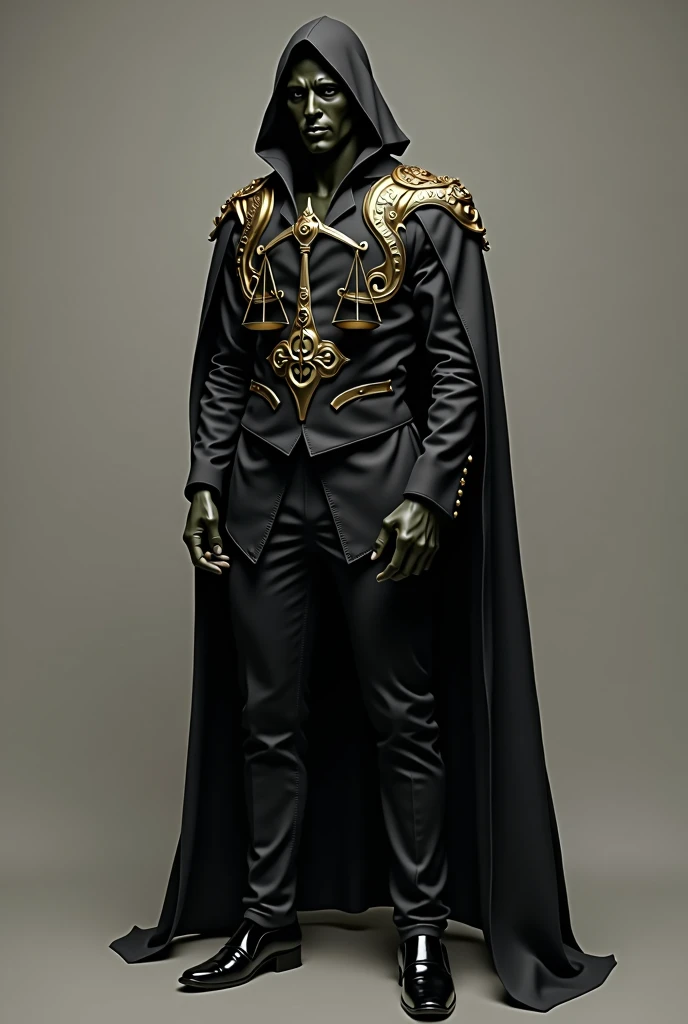 A full-body image of a man wearing a black suit and a black mask. The mask has a golden scale symbol printed on it. The suit also features a large golden scale design that starts at the beginning of the stomach area and extends outward. The scale’s plates stretch across his arms, reaching almost to the ends of the sleeves,
