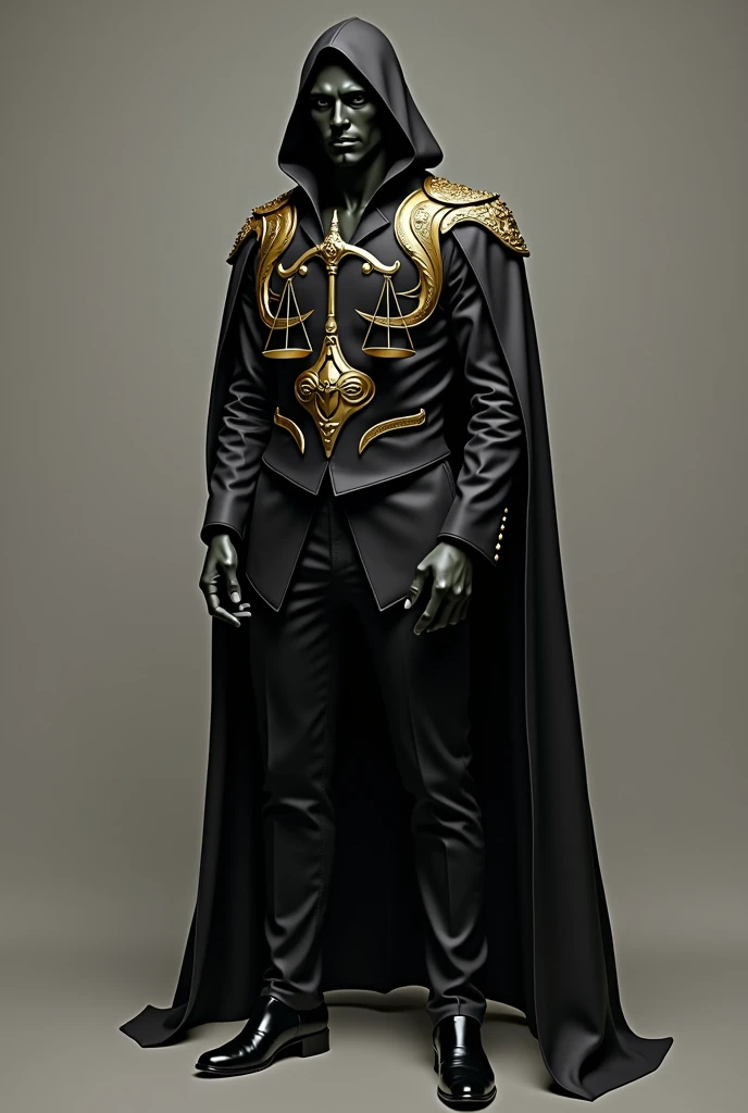 A full-body image of a man wearing a black suit and a black mask. The mask has a golden scale symbol printed on it. The suit also features a large golden scale design that starts at the beginning of the stomach area and extends outward. The scale’s plates stretch across his arms, reaching almost to the ends of the sleeves,