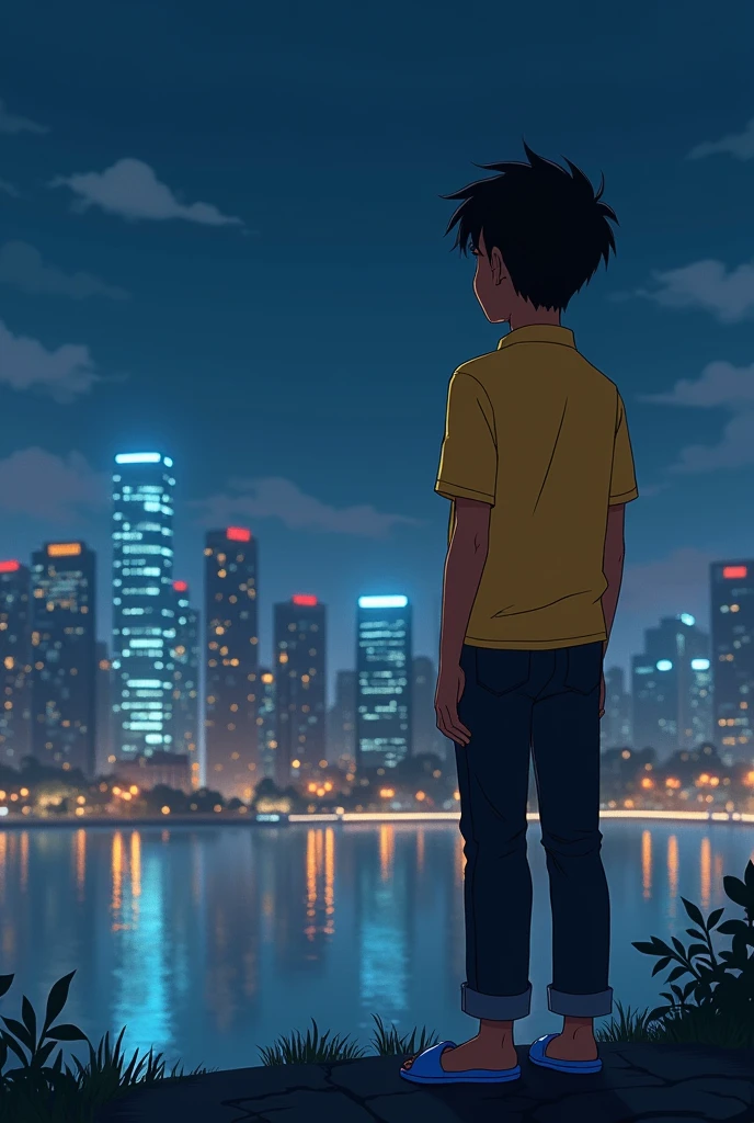 A boy with yellow shirt and black pant brown skin tone blue sleepers long hair oval face shape long fade adult look higth 5 feet 6 inches stand at night toward of city