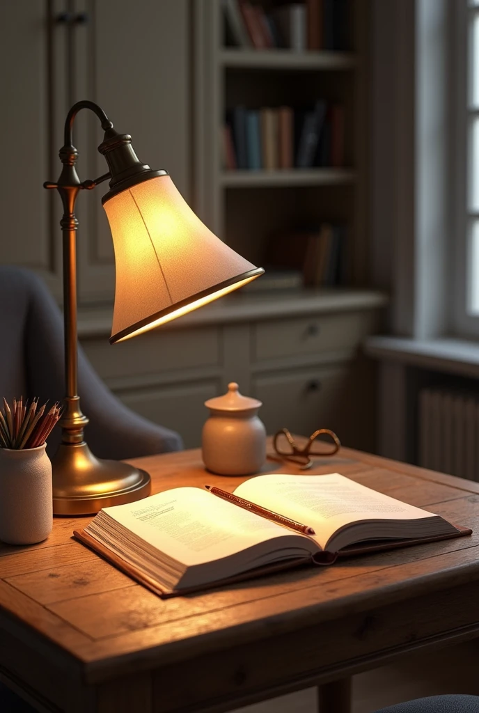 A table lamp for study with a table and a book on it under the light of the lamp with pencil shading