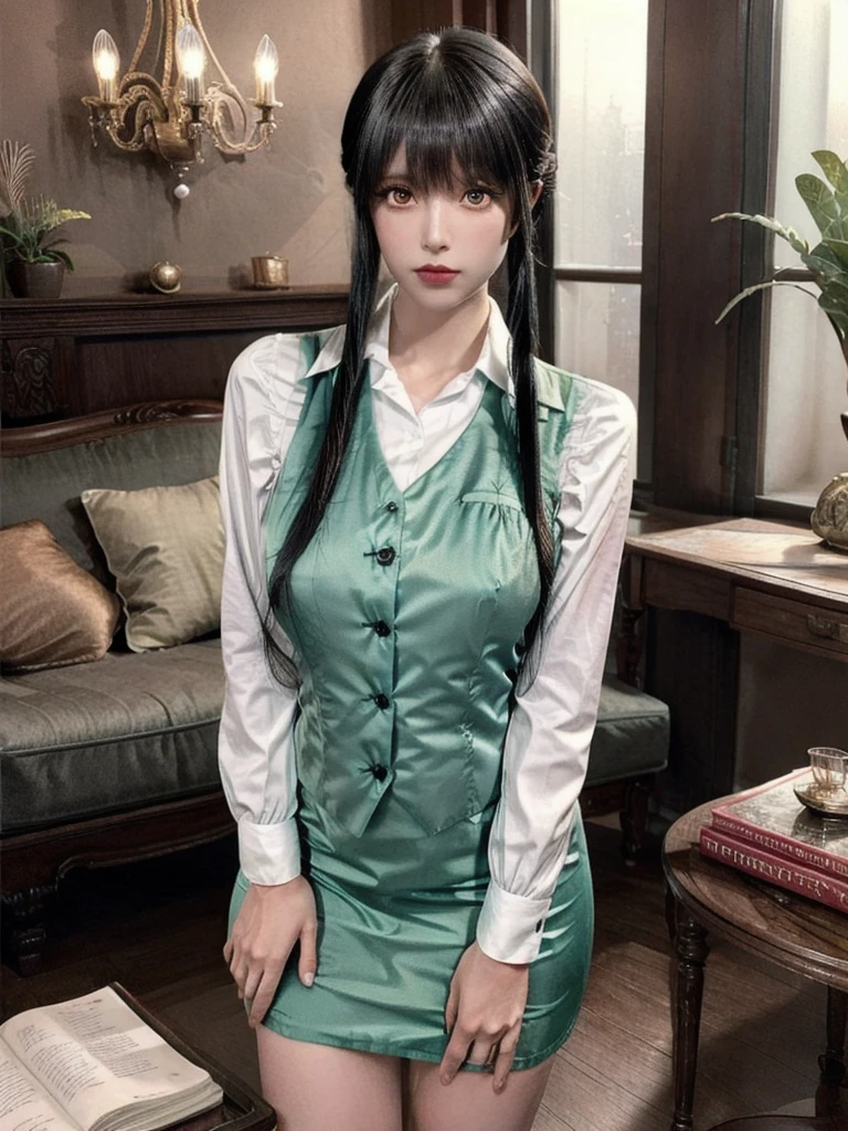 Yoru_Briar, One person, White hair band, ((Twin tails, Side Lock)), Black Hair, ((Red eyes)), Green vest, White shirt, Long sleeve, Green pencil skirt, Thighs, Upper Body, ((Leaning forward)), Are standing, (Cowboy Shot,Realistic, photoRealistic), (masterpiece, 最high quality, high quality), (colorful),(Delicate eyes and face), Volumetric Light, Ray Tracing, Highly detailed CG Unity 8k wallpaper, indoor, living room, sofa, Decorations, chandelier, Mountain of books,