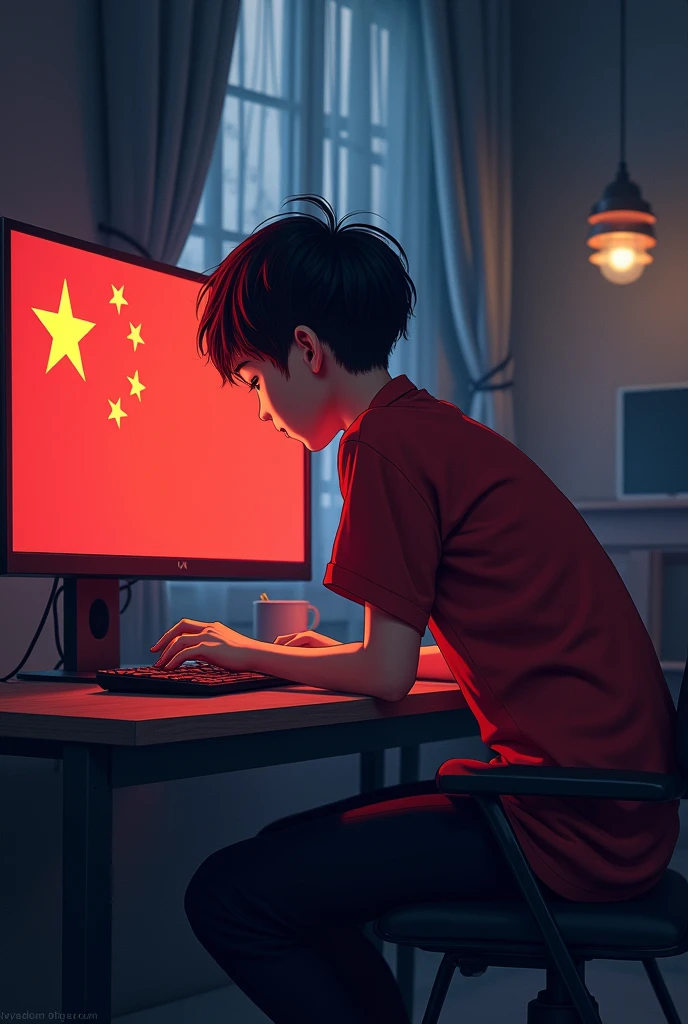 (work of art, best qualityer:1.4), (comely, aesthetics, perfect, dainty, intrikate:1.2),(best qualityer), (detailded),(A high resolution:1.2), bedroom with LED GAMER, Young boy, Asian, Red shirt, black pants, copo, Bend, in front of the computer, computer front view, computador com imagens da flag of china, flag of china, cartoon, traços Asians, dark surroundings