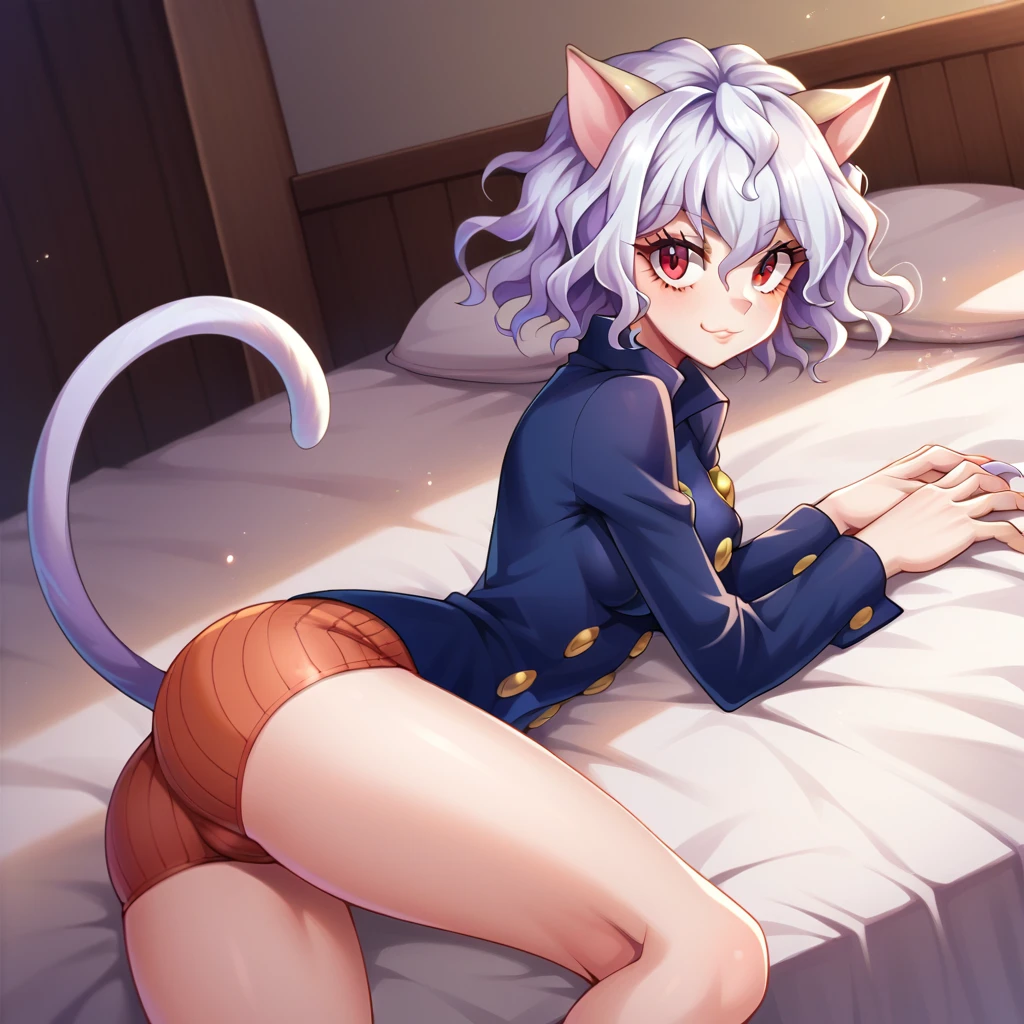 score_9, score_8_up, score_7_up, source_anime, neferpitou, neferpitou, short hair, red eyes, animal ears, tail, white hair, cat ears, cat tail, curly hair, pale skin, white skin, long sleeves, shorts, indoors, bed, bed room, on side, sexy looking at viewer, dutch angle, cowboy shot, model's expression, slender eyebrows, long eyelashes, small nose, small mouth, sharp jawline,  (white, pale skin), cat-like claws, long legs, thin waist, thin toned thighs, wide shoulders, cat-like gaze, long neck, straight shoulder line, long fingers, soft hands, small palms, cat-like smile, serious furrowed brows, pointed ears, pink inside of ears, thin eyelids, upward curled eyelashes, vertical slit pupils, small nostrils, thin lips, pointed chin, cocky cat-like expression