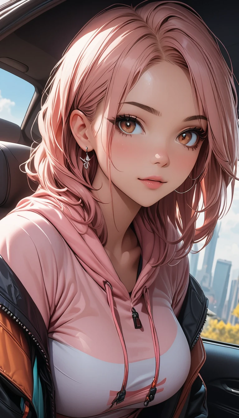 High angle photo of gorgeous young woman in cyberpunk style, Realistic skin texture, look up,Pink sweatshirt,Posing in a car, 1 / 2. Body Crop, 8 5mm Art Lens, 1 1. 2, Sharp focus, 8K high resolution, Very detailed, Complex, elegant, Art by Stanley Lau and Cyberpunk