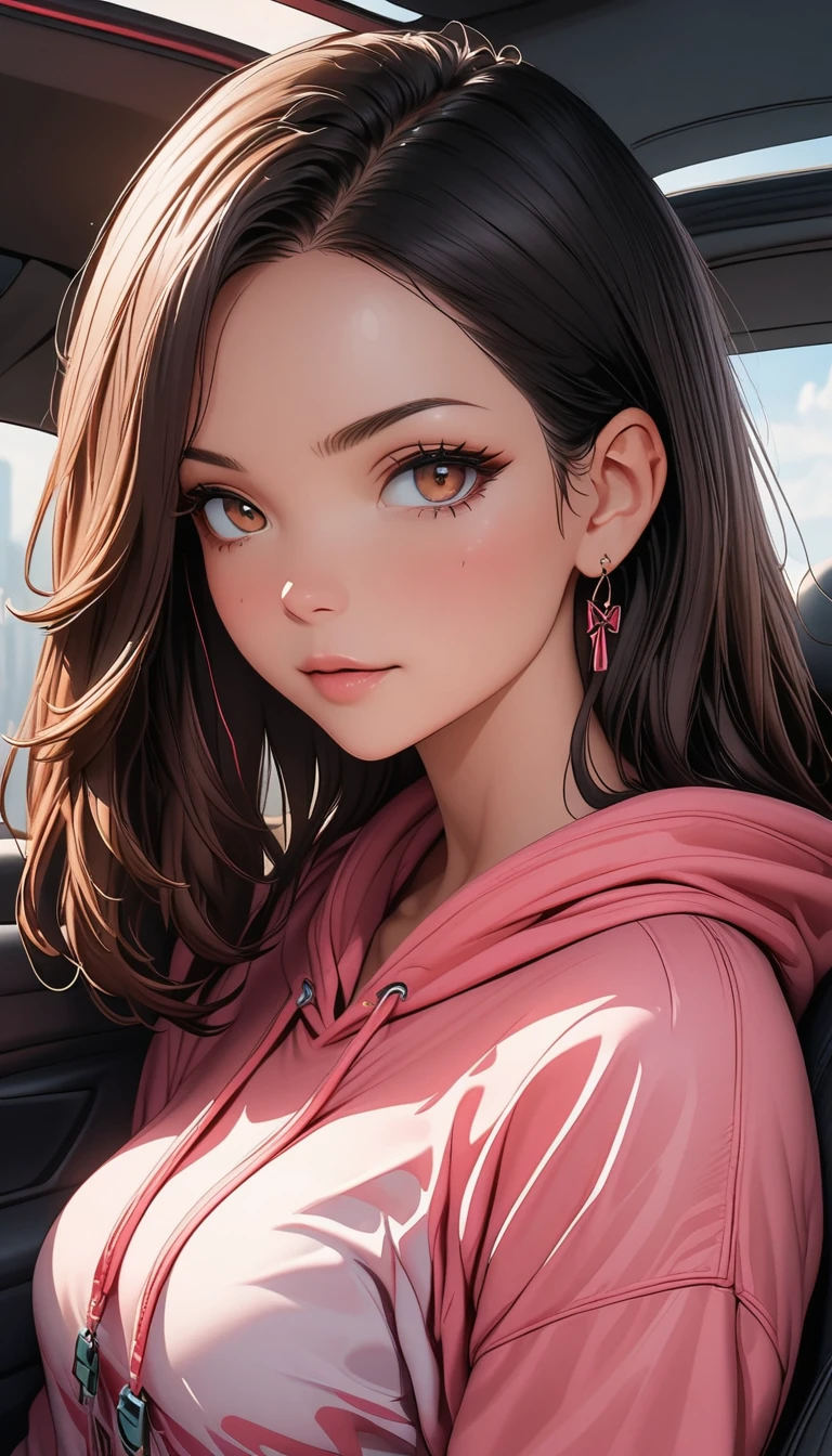 High angle photo of gorgeous young woman in cyberpunk style, Realistic skin texture, look up,Pink sweatshirt,Posing in a car, 1 / 2. Body Crop, 8 5mm Art Lens, 1 1. 2, Sharp focus, 8K high resolution, Very detailed, Complex, elegant, Art by Stanley Lau and Cyberpunk