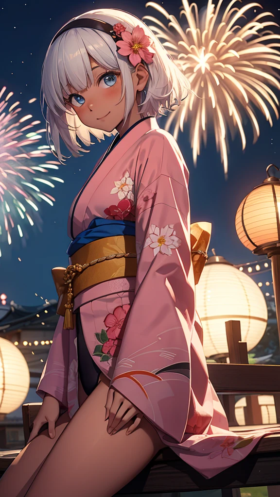 Highest quality、masterpiece、from the front、cowboy shot,  Sitting on a bench、night空の花火を見上げる, a girl、spread legs, panties, from below, 独奏, Beautiful silver hair、((((Very short hair))))、Blue eyes、(hair band)、((Blunt bangs)), ((Medium Chest)), 24-years-old, (tsurime), Tight waist, slender、Anime Style、Natural smile、Very cute face、 sexy pose, bewitching pose, Cute pose、night、Fireworks display、大きくてカラフルな花火がnight空に上がる、A large number of people、Japan Shrine Festival、((A colorful pink kimono))、Long flower hair ornament、Shallow depth of field, 