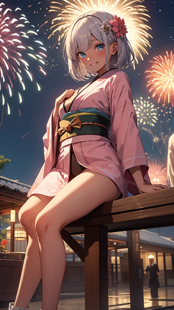 top quality, Best Quality, High resolution, masterpiece, súper High resolution, detailed background, lake, night sky, Fireworks, Japanese yukata, absurdities, perfect anatomy, good lighting, cinematic shadow(1 girl, kemono, hairy den)Various Expressions, top shot, dynamic angle, ASS, vagina, again, furry