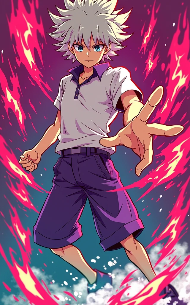 Make an art in the style of this image for the character Kilua from Hunter x Hunter in purple colors, white shirt and purple shorts.