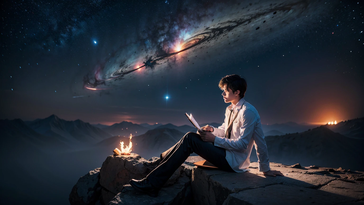 Drawing a young programmer, Sitting on a floating research platform in the middle of an asteroid belt. He is studying using a notebook, Surrounded by several asteroids that emit a fiery aura. Dramatic light from distant stars and planets illuminates the scene, Cast a deep shadow on the suit. Young people seem confident and determined, Gaze with wonder and reverence at the vast and mysterious universe,Facial hair, Cowboy Shot,