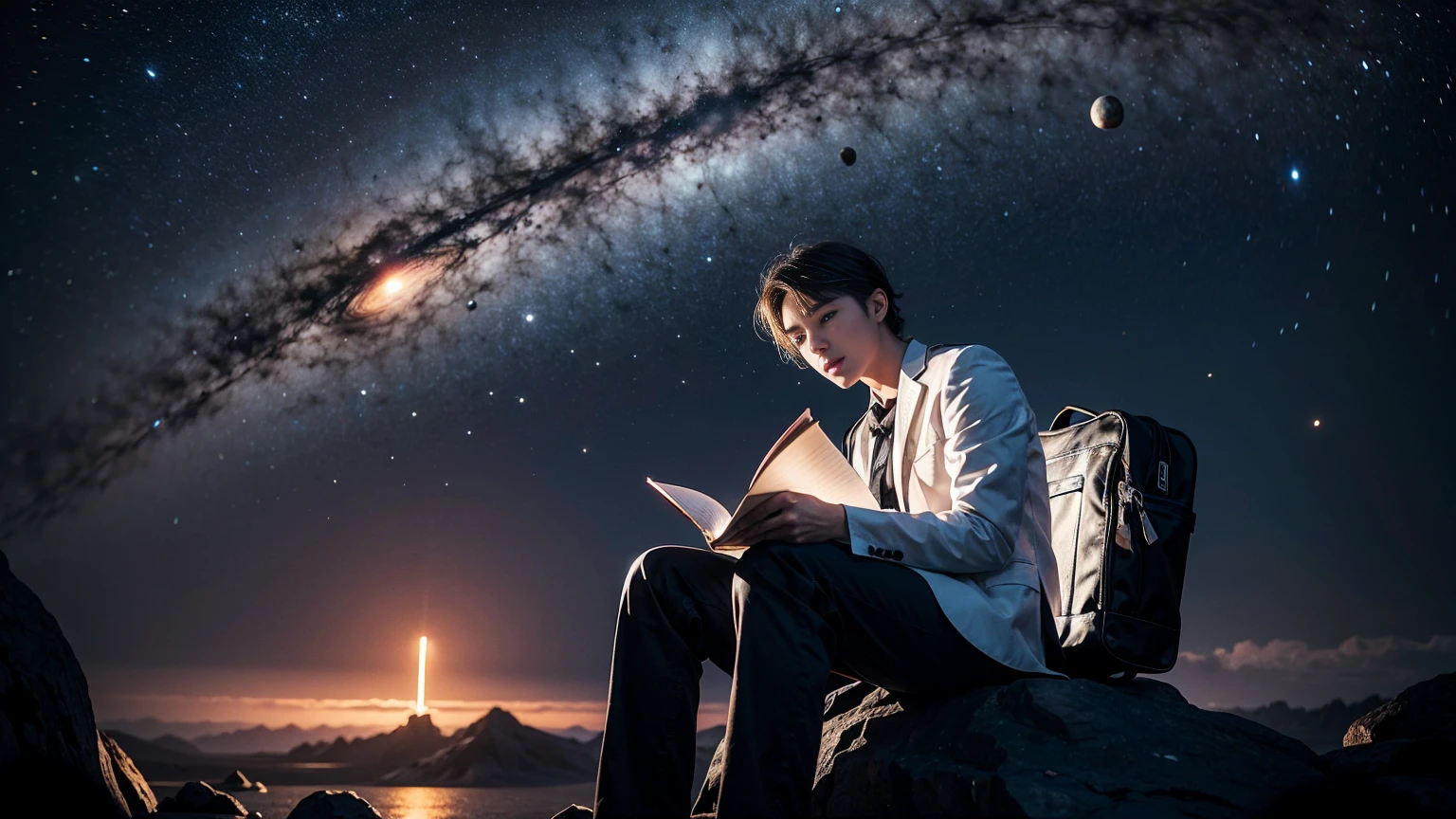 Drawing a young programmer, Sitting on a floating research platform in the middle of an asteroid belt. He is studying using a notebook, Surrounded by several asteroids that emit a fiery aura. Dramatic light from distant stars and planets illuminates the scene, Cast a deep shadow on the suit. Young people seem confident and determined, Gaze with wonder and reverence at the vast and mysterious universe,Facial hair, Cowboy Shot,