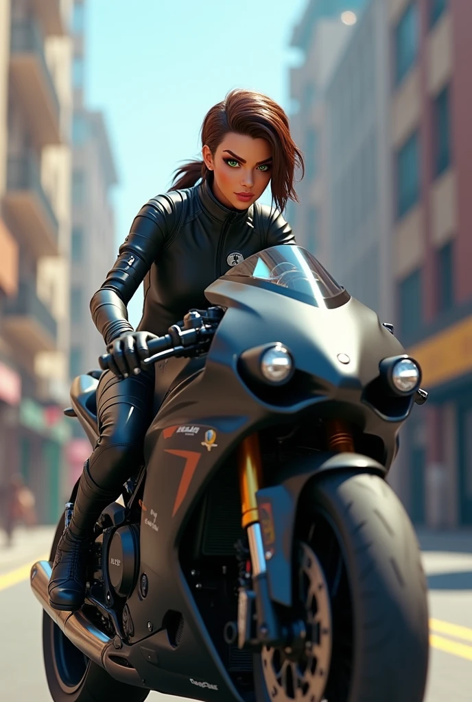 Short woman, fea, with green eyes,light brown hair color, dressed as Karol G's avatar in Fortnite, being believed and riding her black racing motorcycle