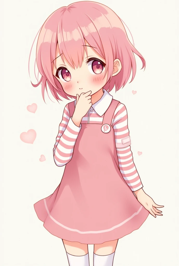 make a thin anime style boy, tender and sweet expression, short pink hair, light and white skin, pink eyes, pink cheeks and lips, small and thin, pink dress, short short, striped shirt with pink and white stripes, white thigh high stockings