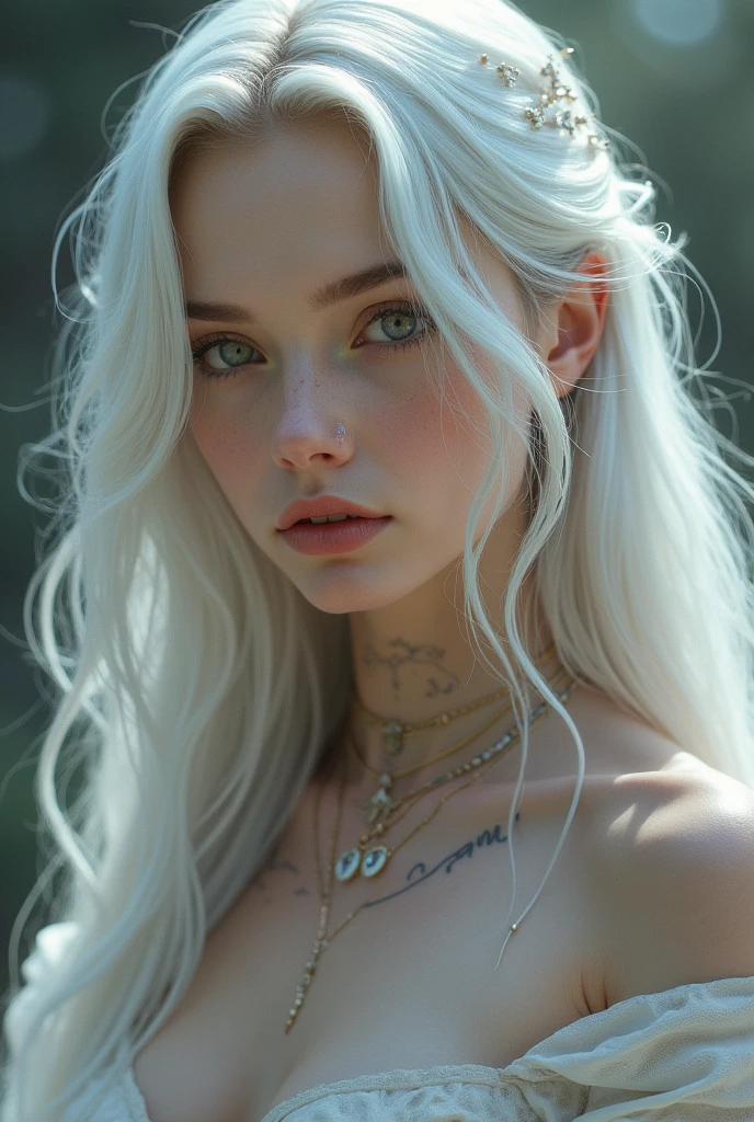 Photorealistic, high resolution, 1 woman, Hips up, Beautiful eyes, Long hair, ringed eyes, jewelry, tattoo, white hair, hanfu